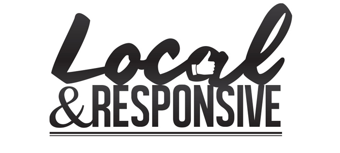 the words local and responsive written in cursive